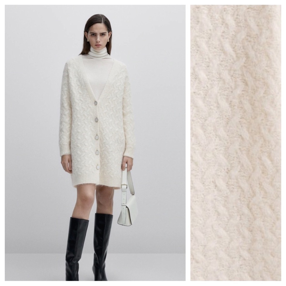 NWT. Massimo Dutti Studio Cream Wool Blend Cable Knit LOng Cardigan. Size S.
